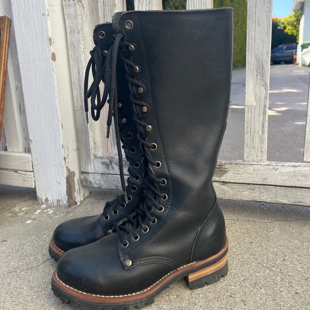 90s knee high lace up boots genuine leather logger black Skechers goodyear welt